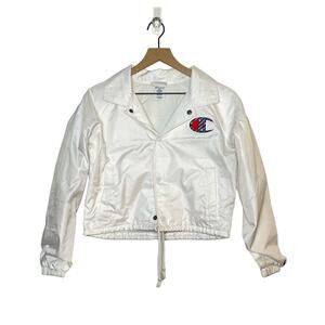 Champion Windbreaker Coaches Jacket Women’s Size XS White Cropped Snap Button